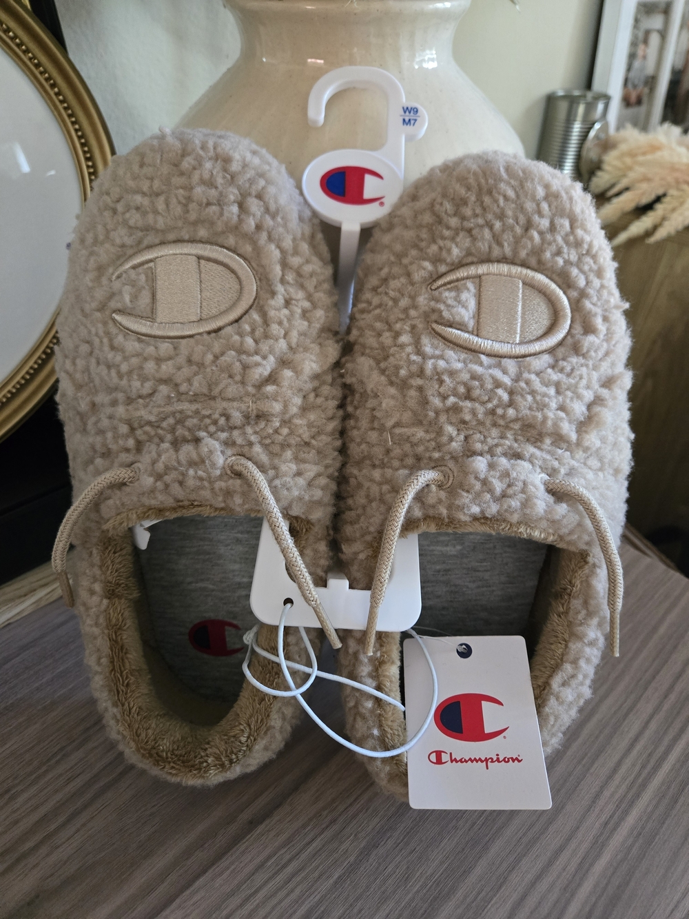 Champion Taupe Sherpa Slip-On Mules with Embroidered Logo